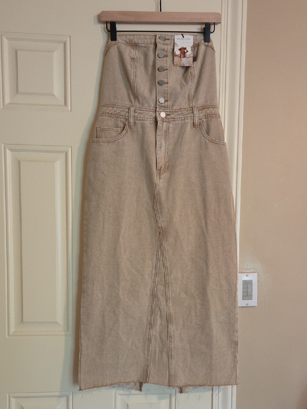 Sincerely Jules Beige High-Waist Button-Front Denim Maxi Skirt